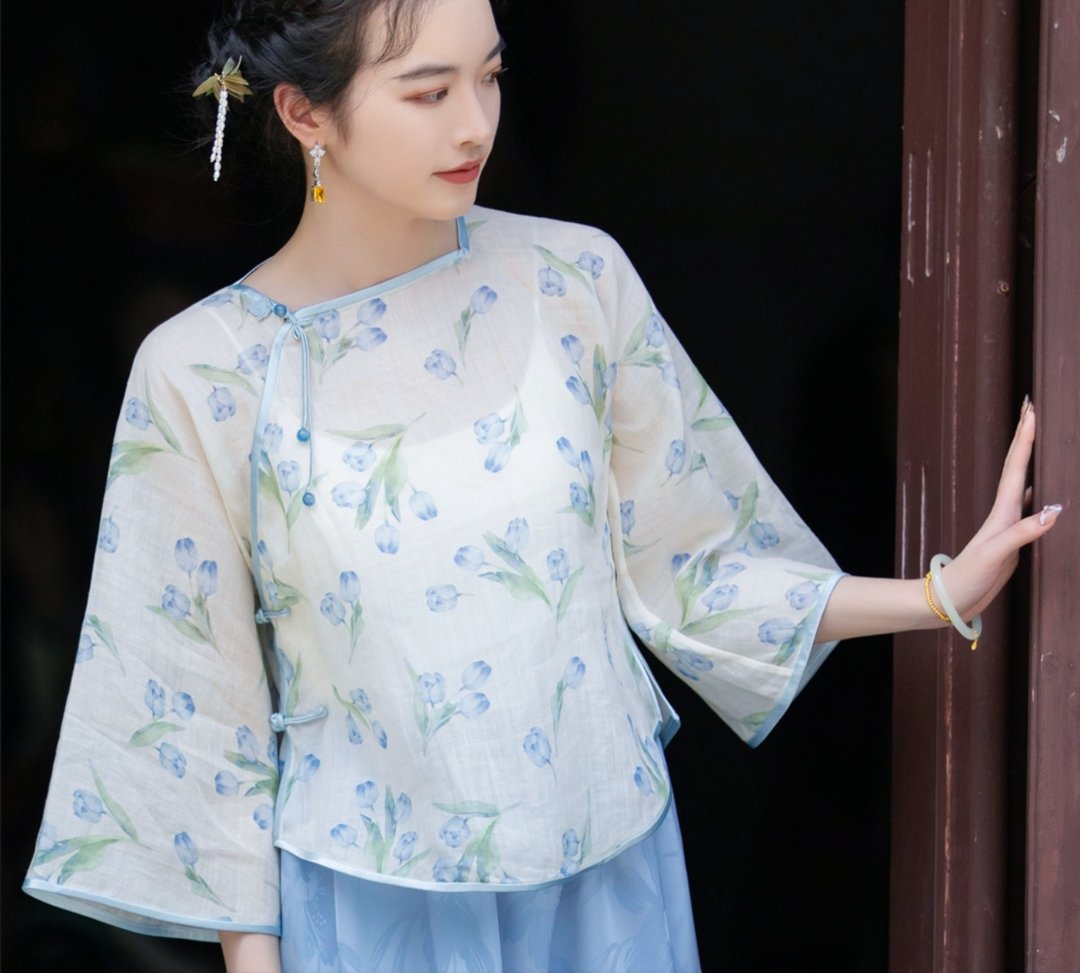 尔雅 新中式 倒大袖盘扣上衣/半裙 - 女装上衣 - 其他材质 蓝色