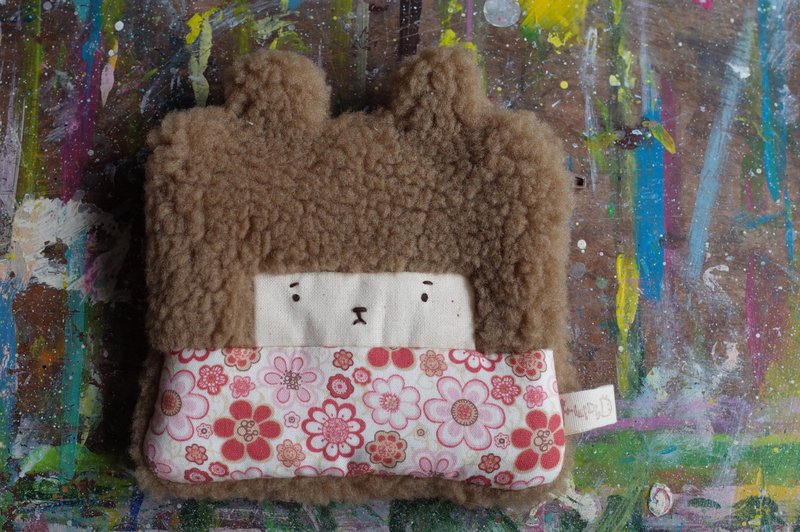 朵儿小兔零钱包-咖啡发色-圆圆粉花 - 零钱包 - 棉．麻 咖啡色