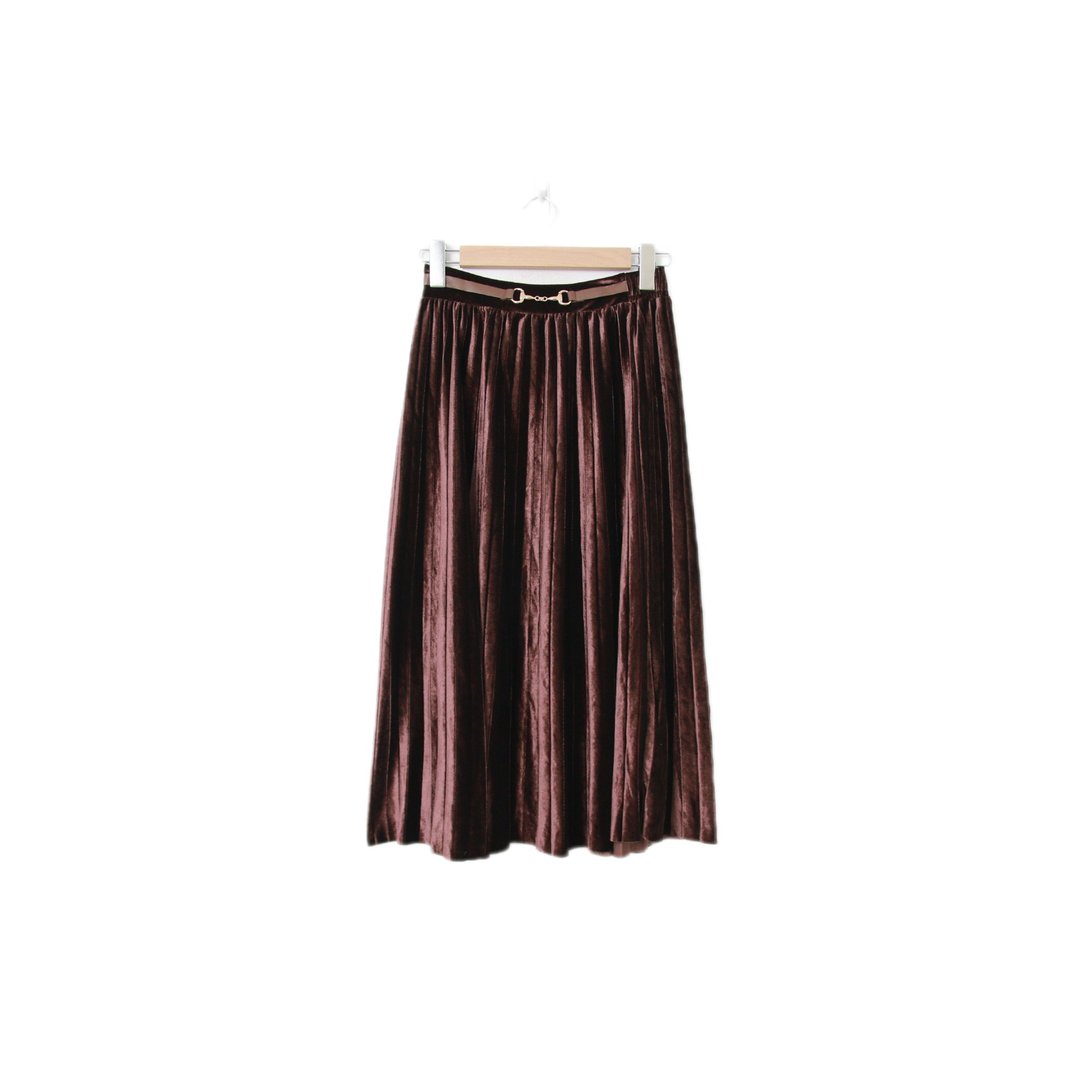 Back to Green-复古天鹅绒半身裙 百折皮腰 ts-06//vintage skirt - 裙子 - 聚酯纤维 