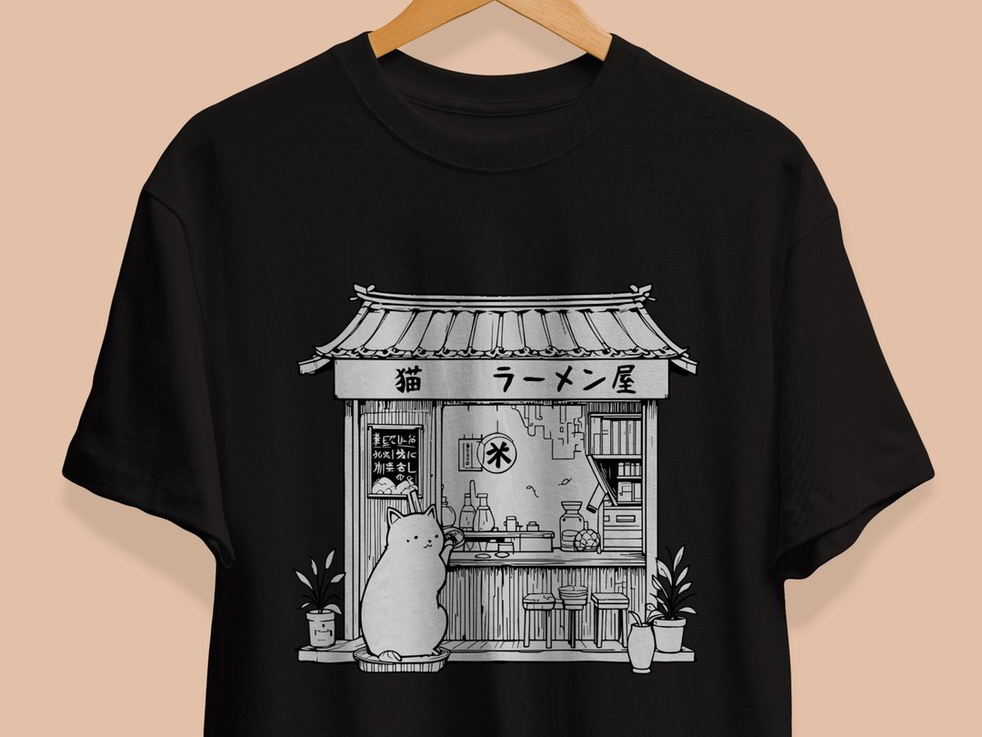 日式拉面猫店 手绘街头潮流 100% 纯棉 中性款 T 恤 - 男装衬衫 - 棉 多色