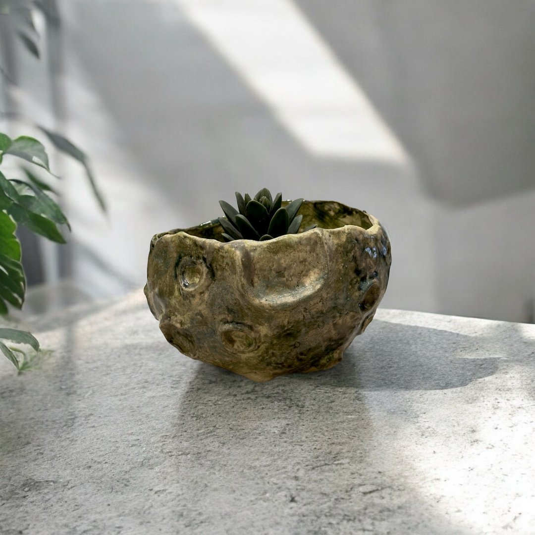 【 カク制陶  】登上月球盆 青苔绿 盆器 花盆 花器 花瓶 块根 - 植栽/盆栽 - 陶 绿色