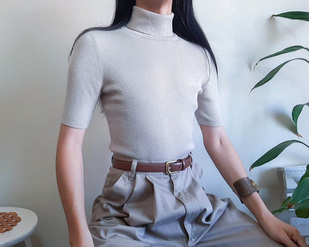 BURBERRY 复古短袖高领羊毛真丝羊绒针织衫 XS-S - 女装针织衫/毛衣 - 羊毛 灰色