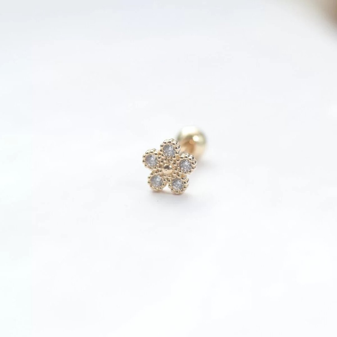 14K 复古小花锁珠耳环 (单个)耳骨 耳窝 不退色 - 耳环/耳夹 - 贵金属 金色