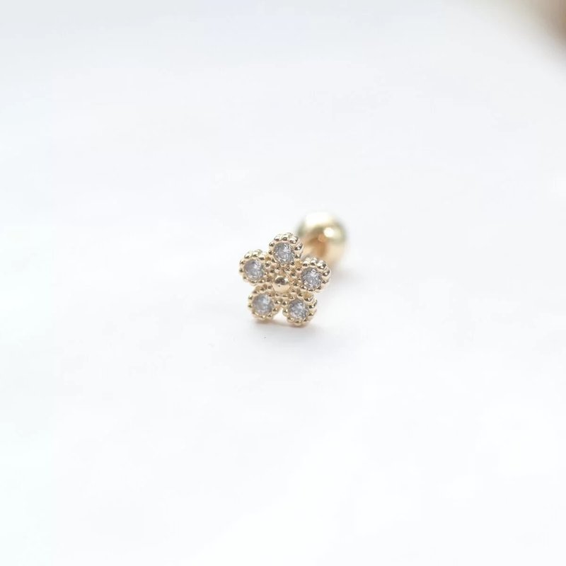 14K 复古小花锁珠耳环 (单个)耳骨 耳窝 不退色 - 耳环/耳夹 - 贵金属 金色