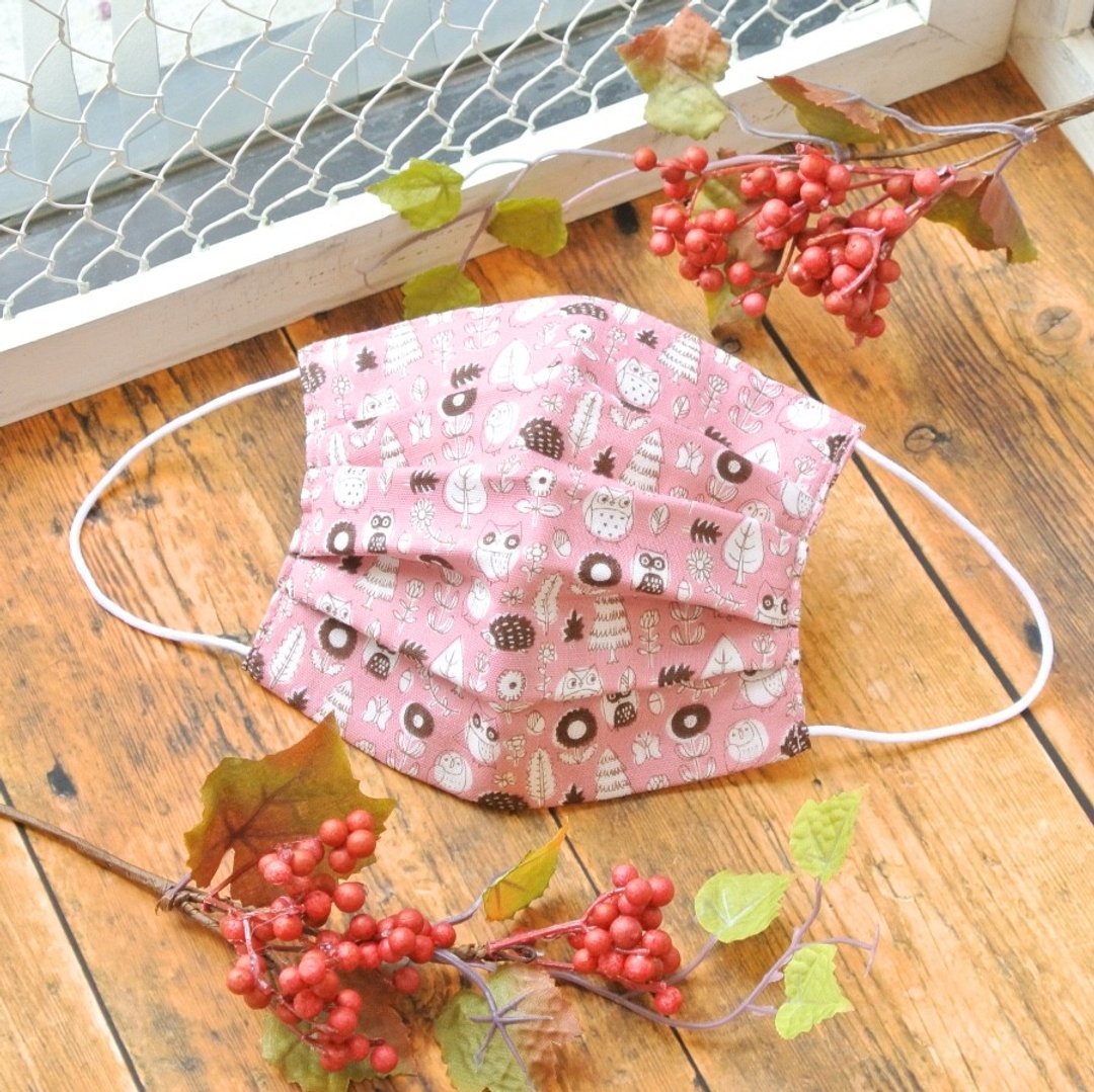 可洗涤、舒适且可爱的手工立体口罩 Owl in the forest Pink - 口罩 - 棉 粉红色