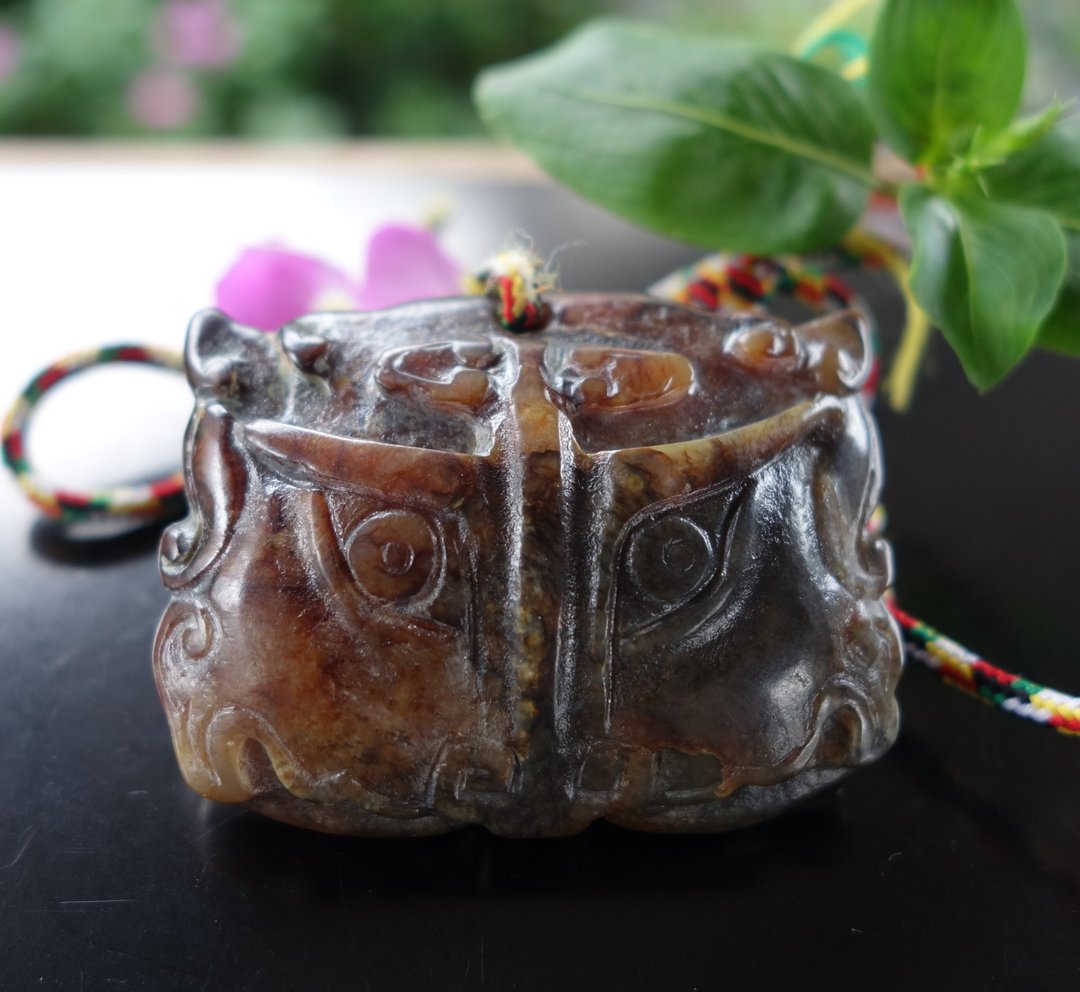 古玉 Ancient jade 高古玉 西周高古玉饕餮纹玉牌 文玩古董 - 吊饰 - 玉石 咖啡色