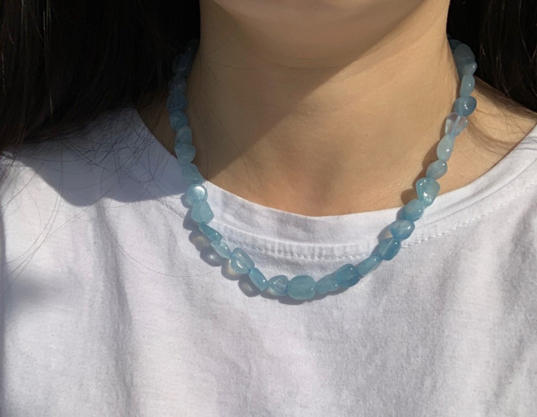 海蓝宝项链，天然海蓝宝项链，三月诞生石 - 项链 - 不锈钢 