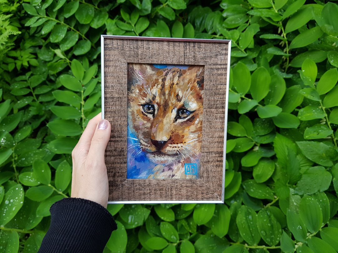 Small original cute animal little lion artwork hand painted oil painting framed - 墙贴/壁贴 - 其他材质 