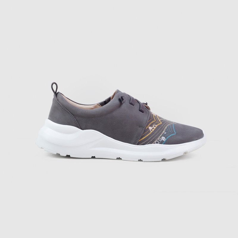 刺绣免绑带慢跑鞋- 青山层层/灰 - 女款休闲鞋 - 真皮 灰色