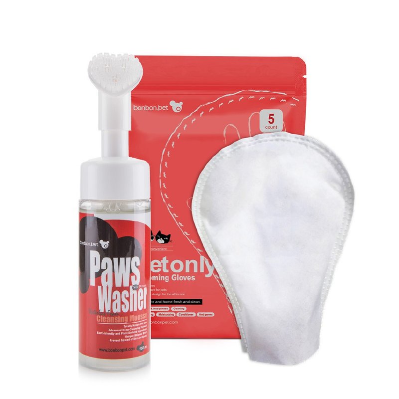 蹦蹦跳 植萃洁净狗用清洁慕斯(效期2026/6/4止)+擦澡手套5入/1包 - 清洁/美容 - 其他材质 红色