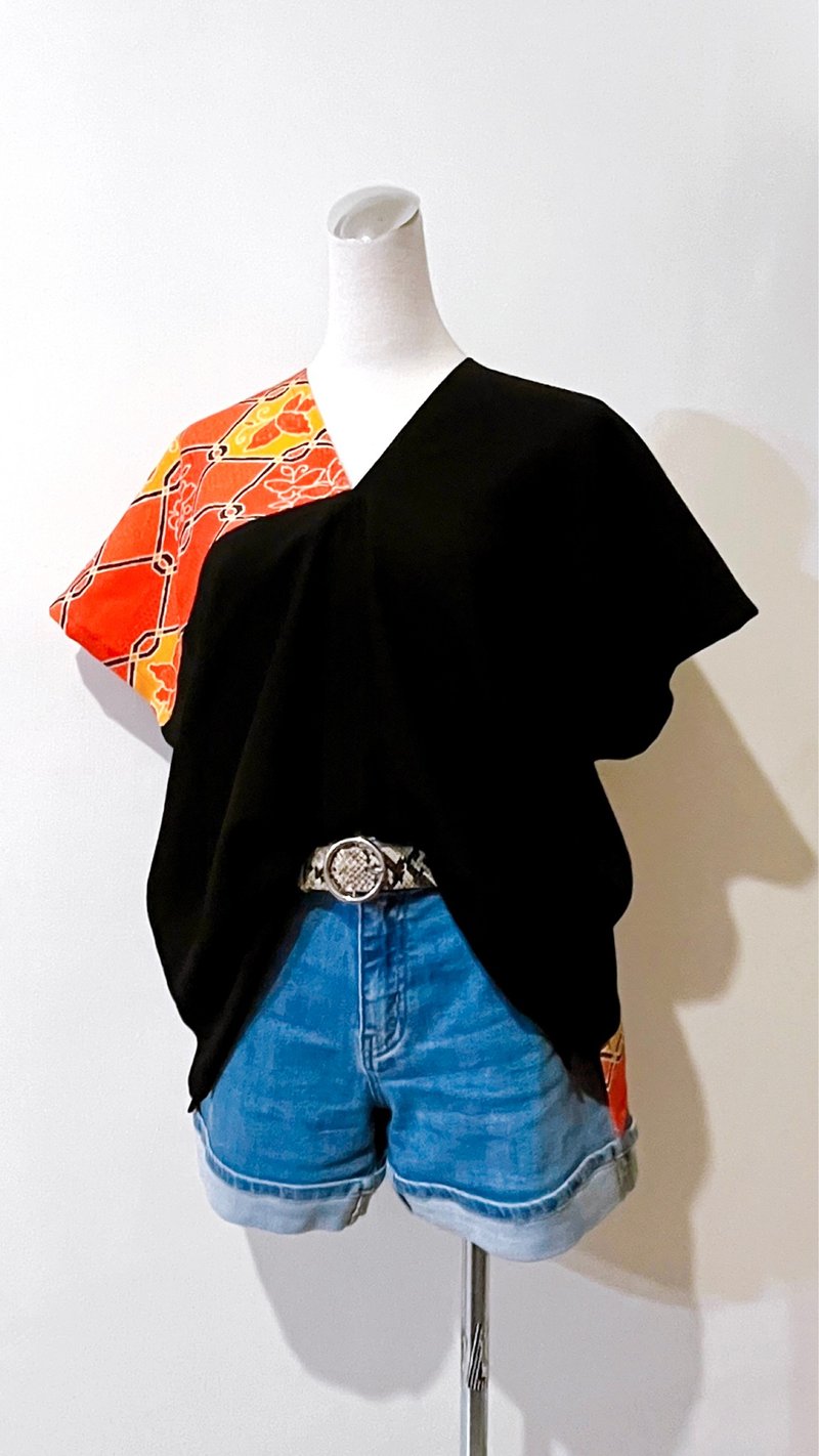 独一无二日式禅风黑色底橘色菱格网纹花朵拼接四角衣四方衣 - 洋装/连衣裙 - 其他材质 黑色