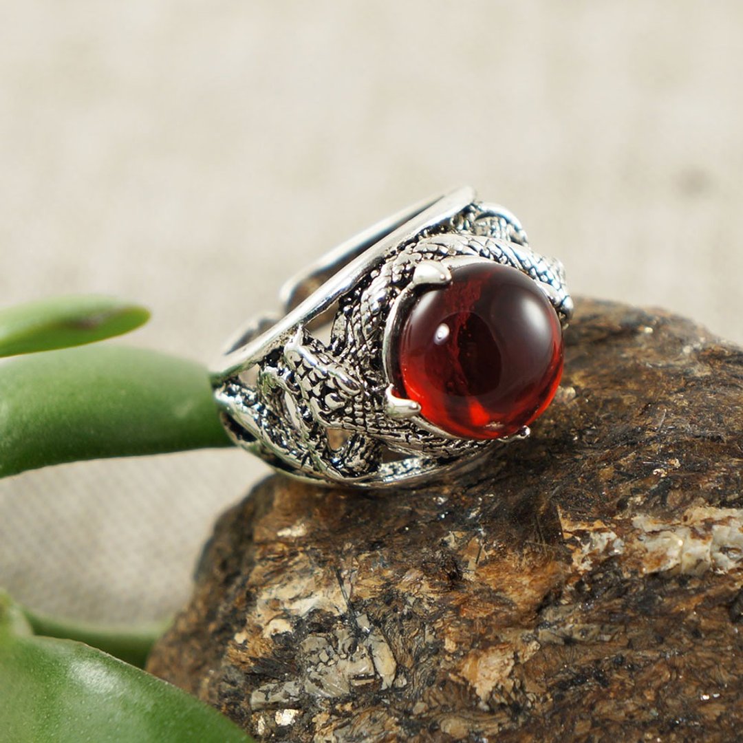 Ruby Cherry Red Glass Silver Snake Unisex Adjustable Free Size Ring Jewelry Gift - 戒指 - 玻璃 红色