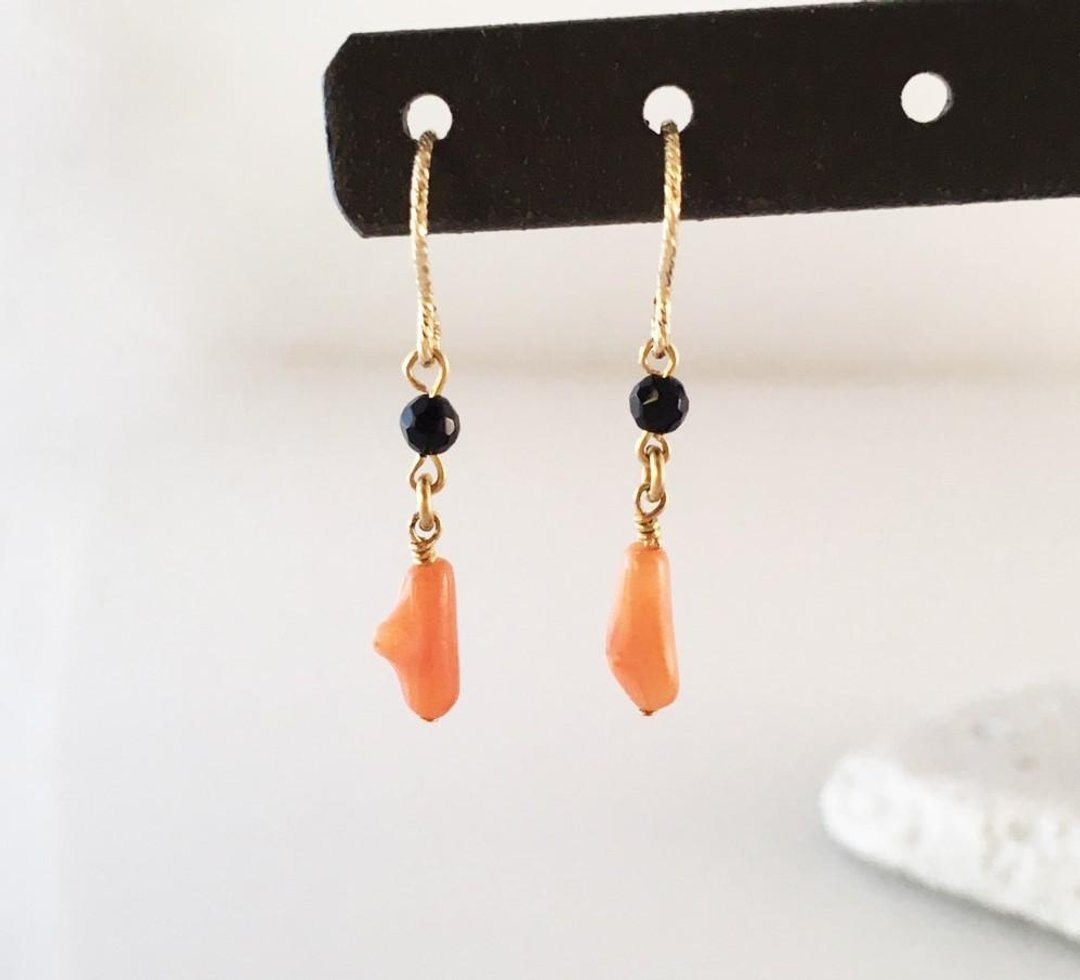 Coral ☆ Onyx K14GF Earrings / Clip-On - 耳环/耳夹 - 宝石 橘色