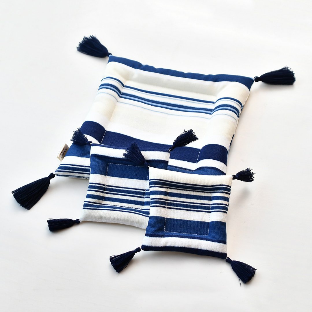 Pot stand set with tassel /Stripes - 杯垫 - 棉 蓝色