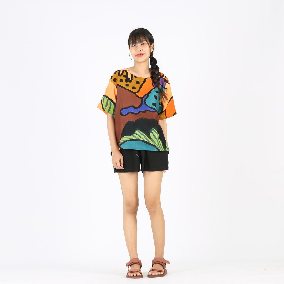 Abstract Cotton Rayon Kimono Blouse Hand Paint Free Size - 女装上衣 - 棉 咖啡色