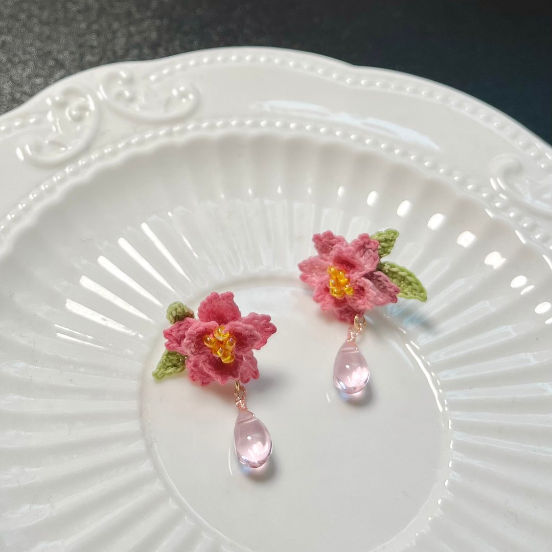 Sakura 樱花 钩花编织 Silver925 耳环 耳针 日本水晶珠 客订礼物 - 耳环/耳夹 - 棉 粉红色