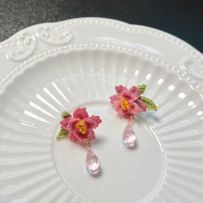 Sakura 樱花 钩花编织 Silver925 耳环 耳针 日本水晶珠 客订礼物 - 耳环/耳夹 - 棉 粉红色