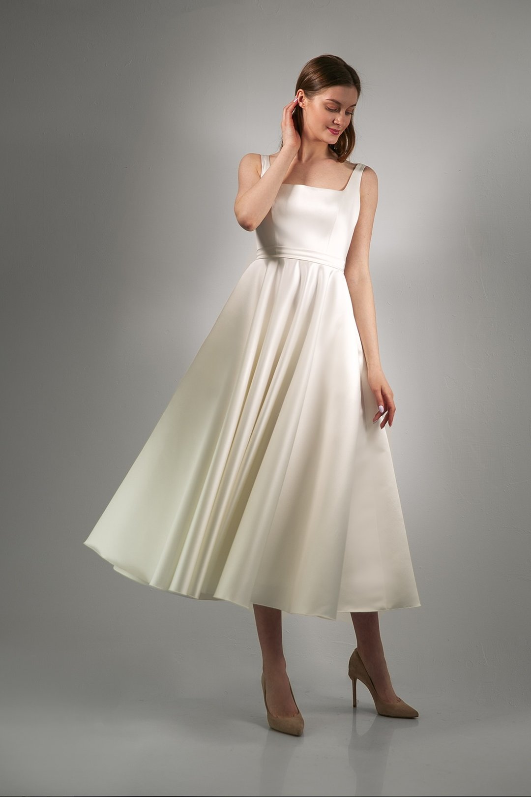 Satin wedding dress Midi wedding dress Civil wedding dress VLADA MIDI - 晚装/礼服 - 聚酯纤维 白色