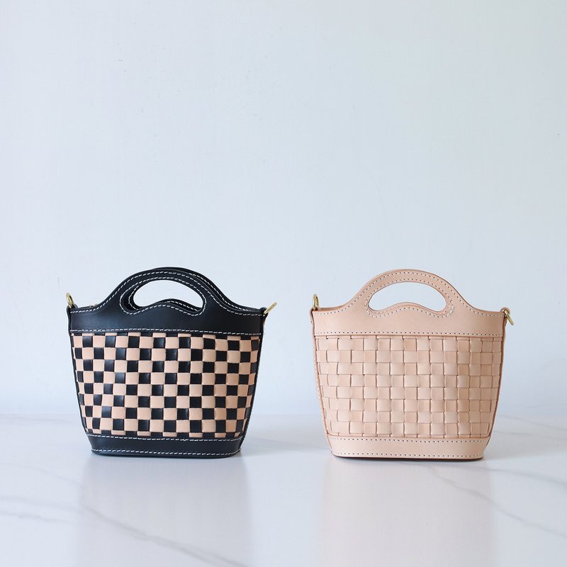 【切线派】TANGENT LINEAR 复古编织菜篮子小挎包迷你手提包 - 侧背包/斜挎包 - 真皮 黑色