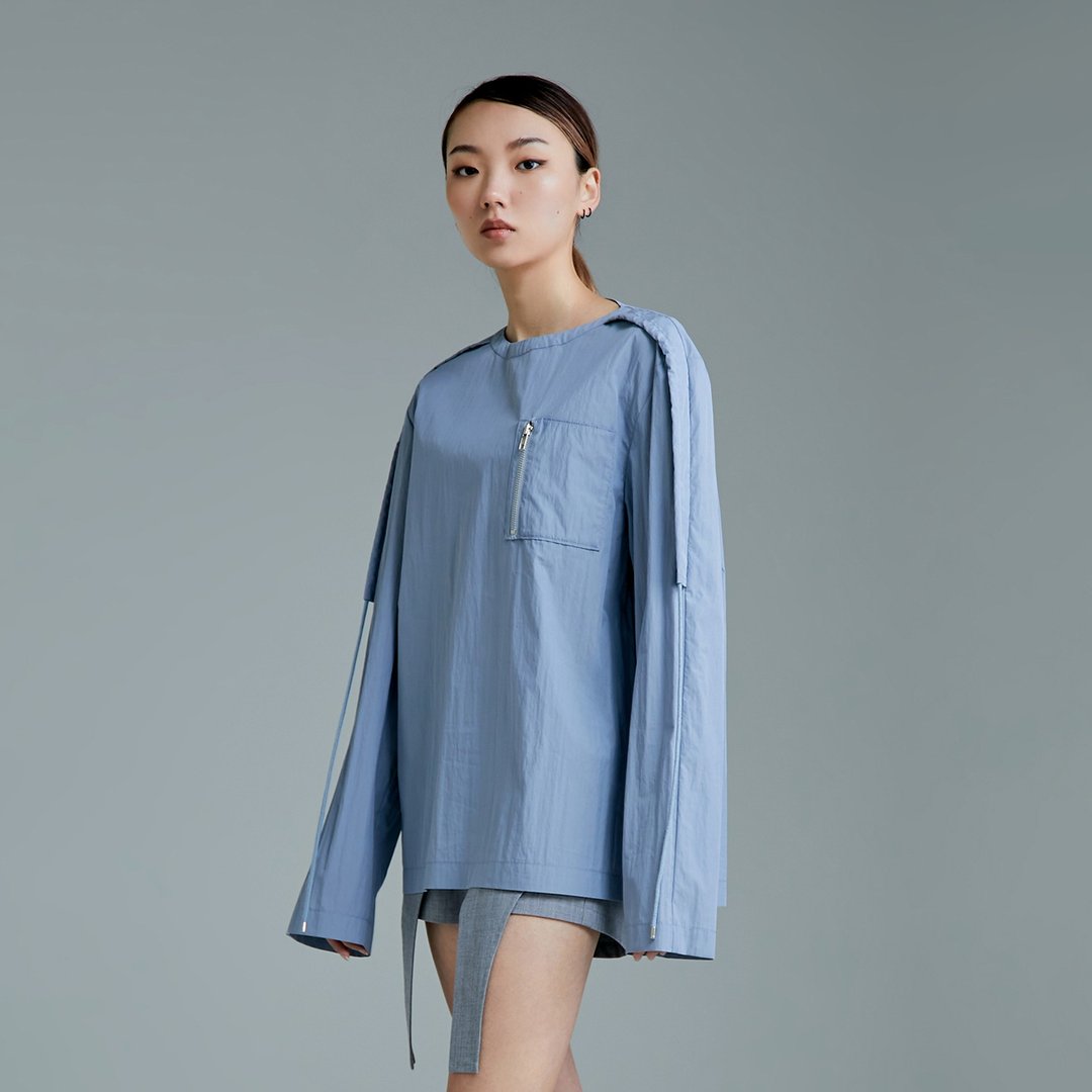 长袖垂绳上衣 - 女装上衣 - 棉 蓝色
