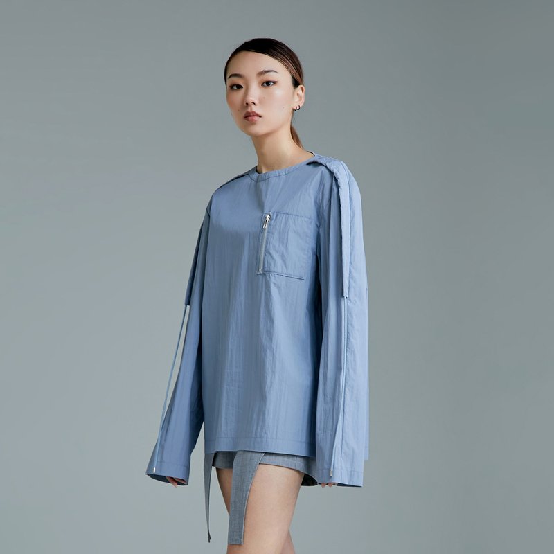 长袖垂绳上衣 - 女装上衣 - 棉．麻 蓝色