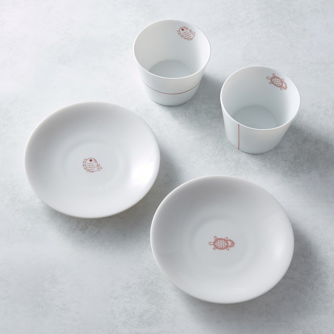 日本美浓烧 - 缘起福物杯盘礼盒组(4件式) - 茶具/茶杯 - 瓷 白色