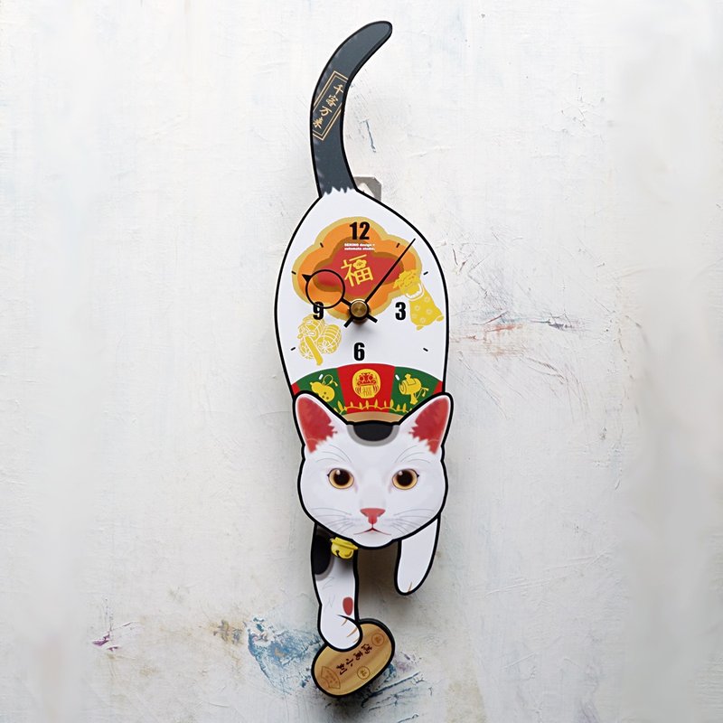 C-MN 招财猫 - 动物造型钟摆钟 - 时钟/闹钟 - 木头 白色