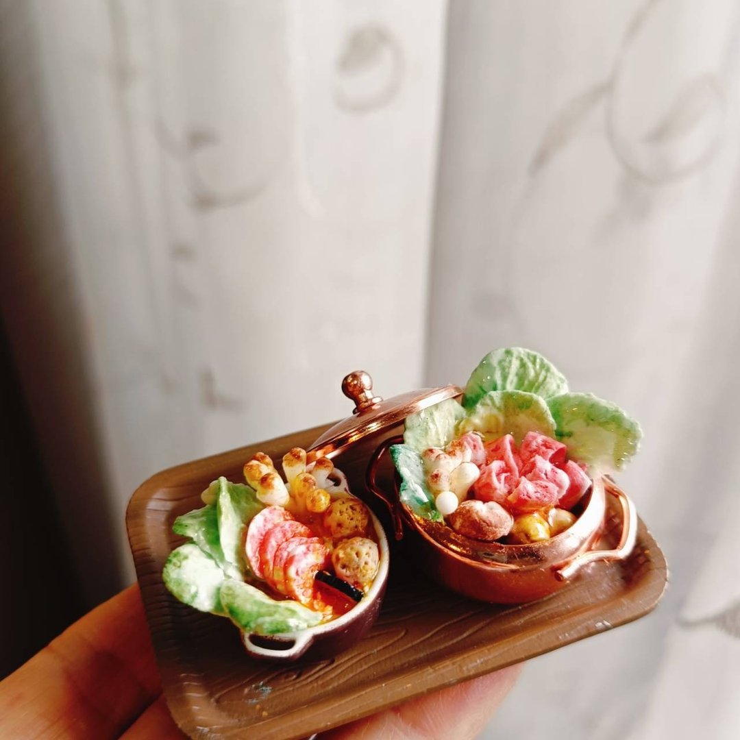 火锅 寿喜烧 养生 蔬菜 蚵仔 海鲜 袖珍 手作 迷你 食玩 微型 - 摆饰 - 粘土 