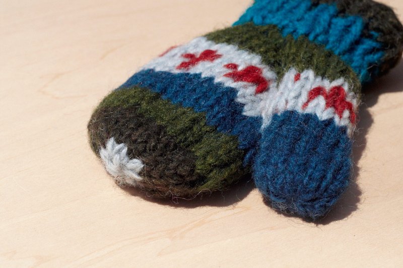 情人节礼物 限量一件针织纯羊毛保暖手套 / 儿童手套 / 童手套 / 内刷毛手套 / 针织手套 / 拳击手套 - 蓝色天空+森林 海洋图腾条纹 - 围嘴/口水巾 - 羊毛 多色