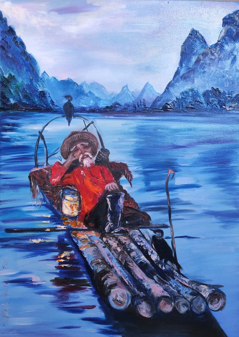 老渔与鸟亚洲海景原画冥想艺术装饰 - 墙贴/壁贴 - 其他材质 蓝色