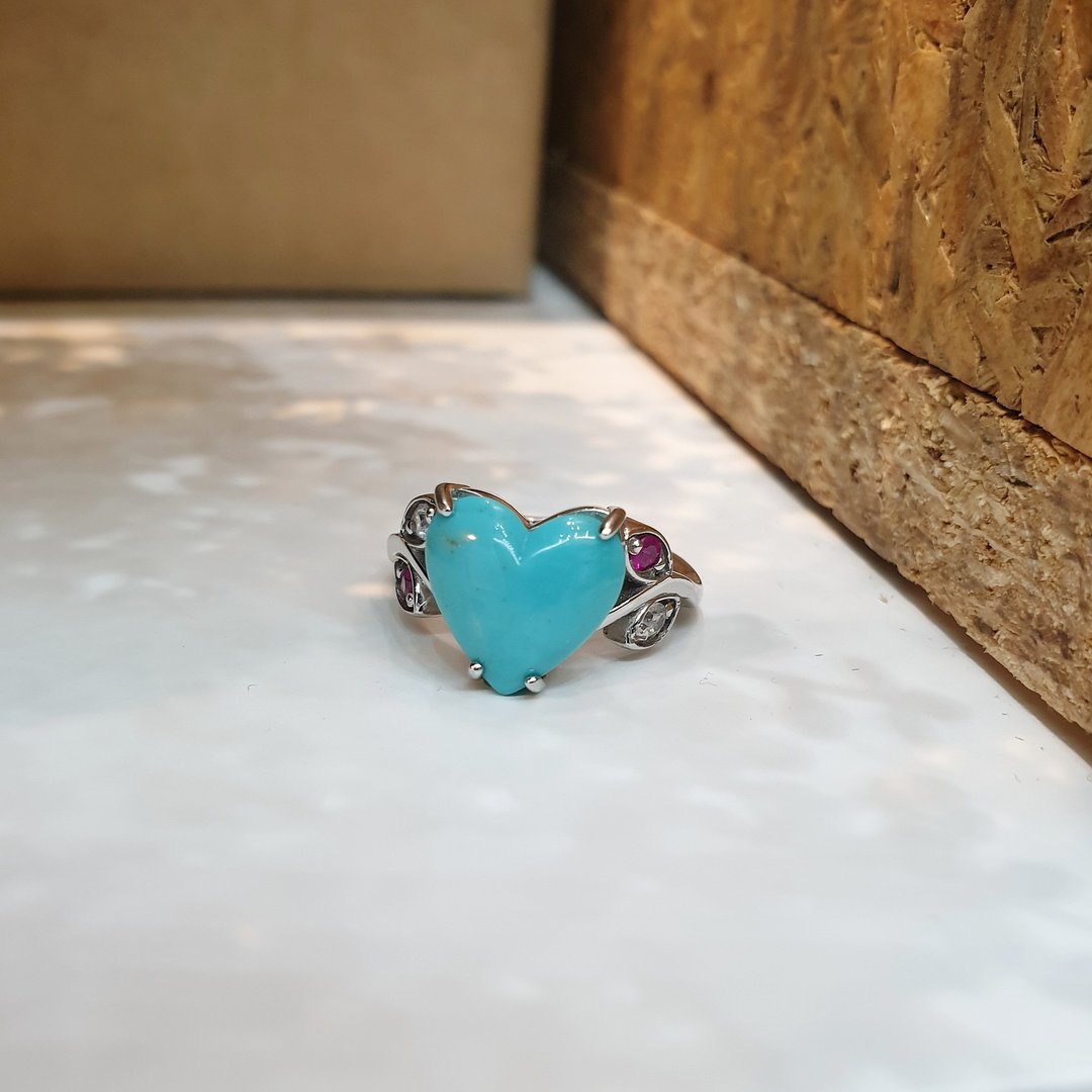 Turquoise ring set with Ruby and White zircon, 925 Silver - 戒指 - 半宝石 蓝色