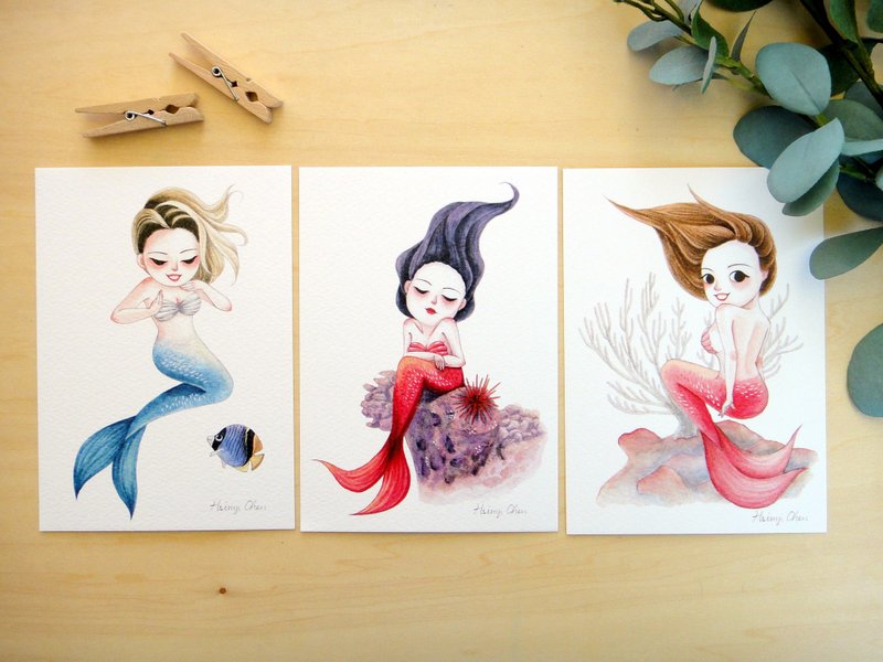 甜美人鱼 水彩插画明信片 套组 / 单张 万用卡 艺术画卡 共3款 - 卡片/明信片 - 纸 多色