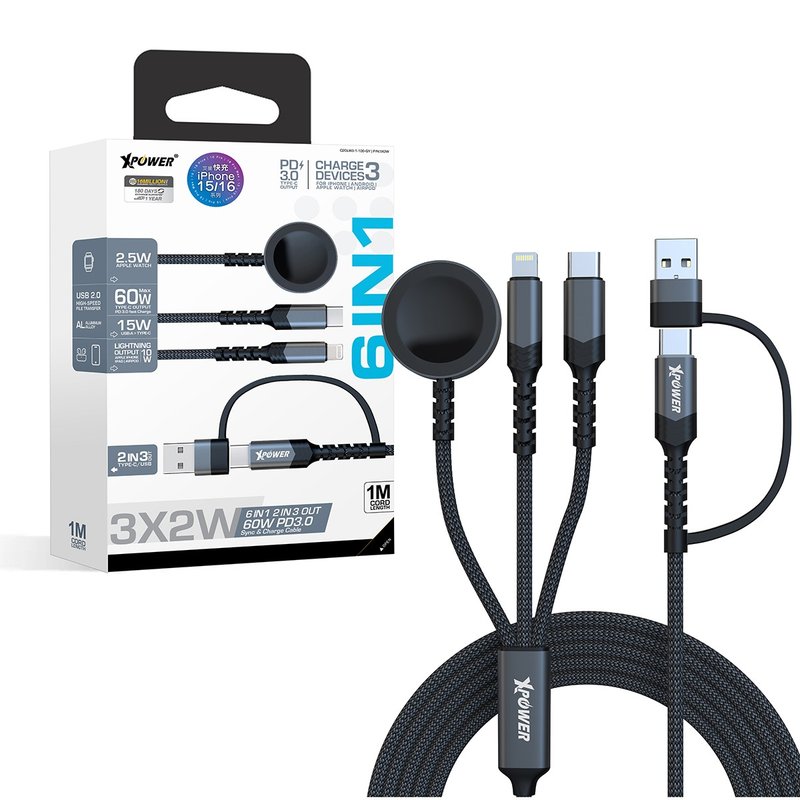XPower 3X2W 6合1 2出3 60W PD3.0 铝合金传输无线充电线 - 充电宝/传输线 - 其他金属 黑色