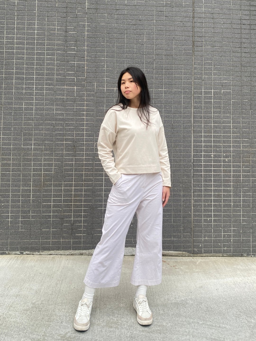 都会拼接袖无领上衣-微瑕 - 女装上衣 - 棉 