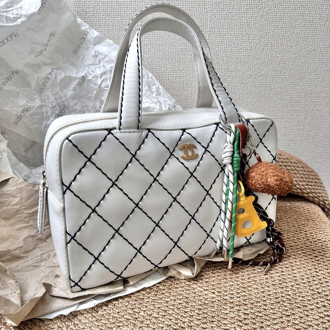 中古包 Chanel 香奈儿 黑白对比明线 Boston 包 - 手提包/手提袋 - 真皮 白色