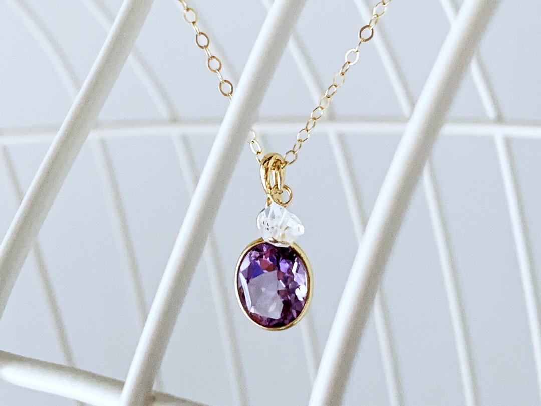 [February/April Birthstone] Calming Amethyst and Herkimer Diamond (Crystal) Necklace (K14GF) - 项链 - 宝石 紫色
