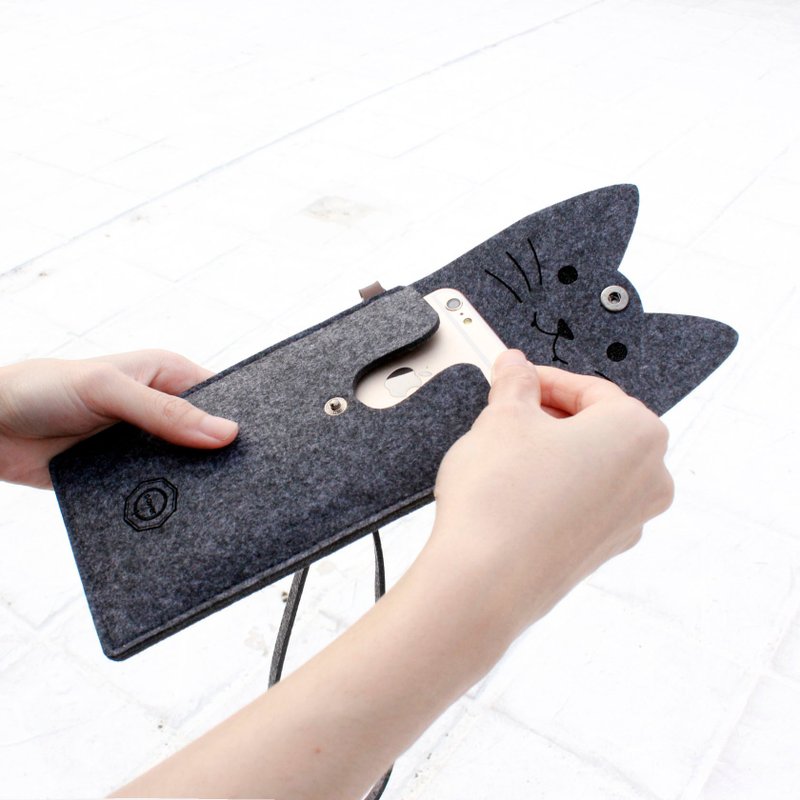 打开一只猫-猫咪手机包Portable package/附颈带-Graycat深麻灰猫 - 化妆包/杂物包 - 羊毛 灰色