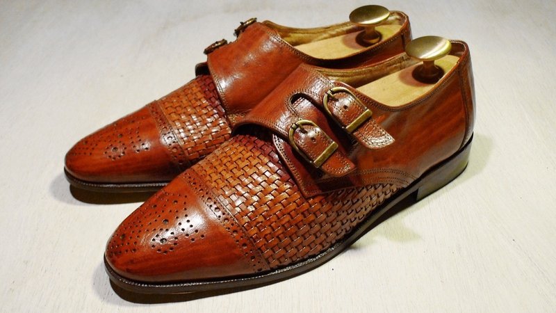 ~后菜园~古着 焦糖色双扣环孟克鞋(尺码男款41-42号可穿) - 男款休闲鞋 - 真皮 咖啡色