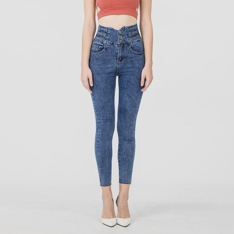 Sdare 超模身段高腰排扣牛仔裤 - 女装长裤 - 聚酯纤维 蓝色