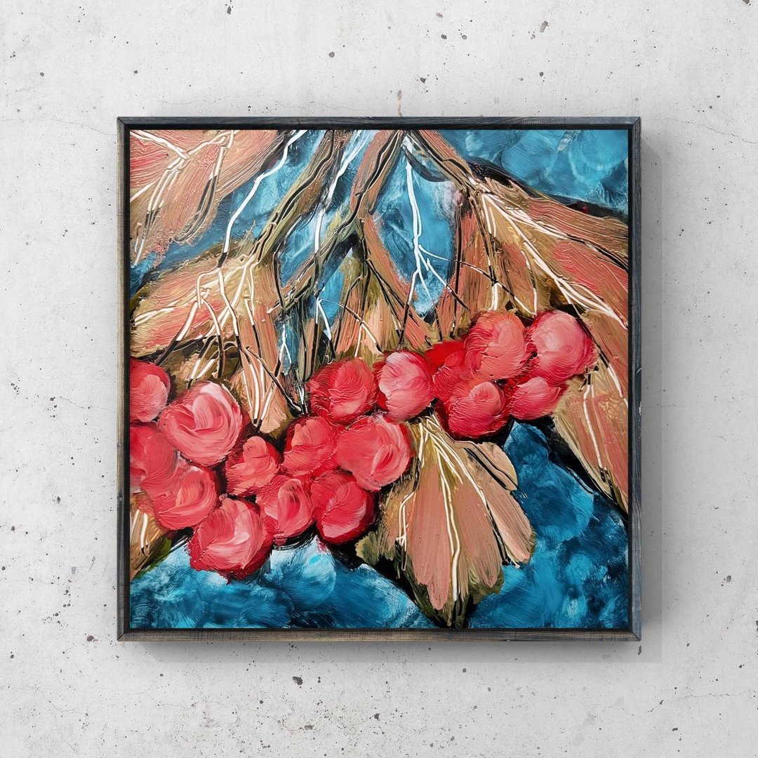 Red viburnum berries original oil painting 6 inch Viburnum tree branch wall art - 海报/装饰画/版画 - 其他材质 蓝色