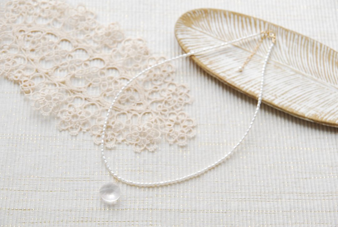 Thin rice pearl and rose quartz necklace 14kgf - 项链 - 水晶 粉红色