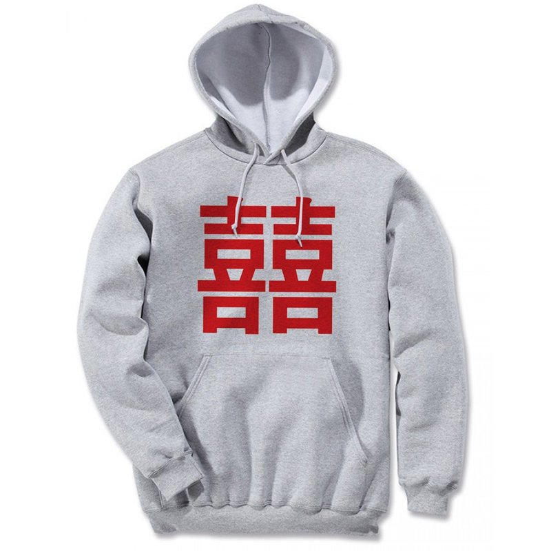 Chinese Joy #2-red前图款【现货】长袖刷毛连帽T 灰色 中文 囍 喜 婚礼 结婚 礼物 婚纱 文青 简约 清新 - 中性连帽卫衣/T 恤 - 棉．麻 灰色