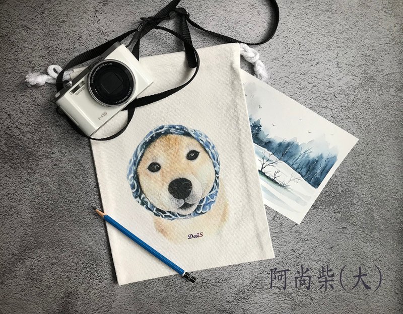 柴犬与猫咪 束口袋  大号一 - 化妆包/杂物包 - 棉．麻 白色