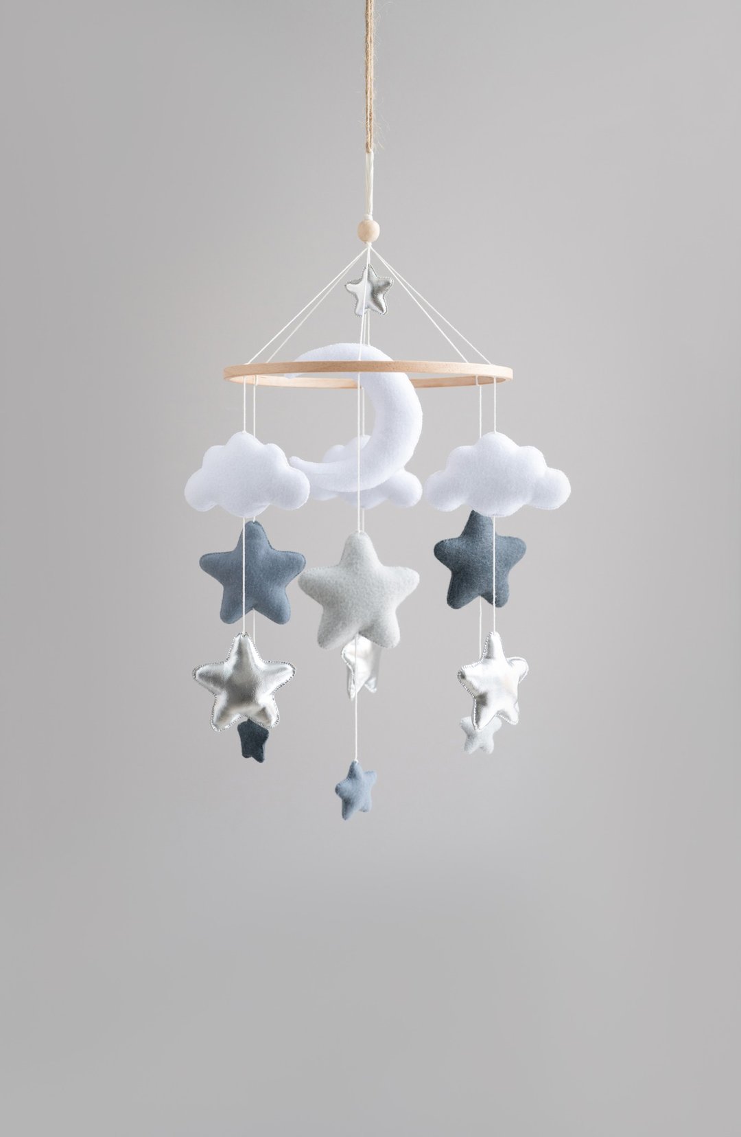Mobile nursery moon and silver star, clouds baby mobile mobile - 玩具/玩偶 - 环保材料 灰色