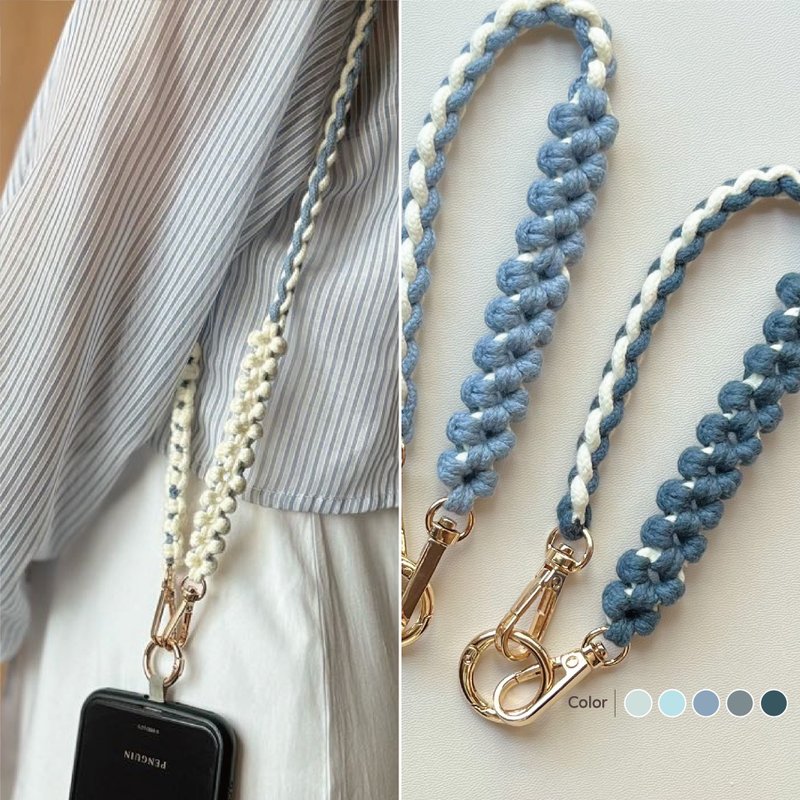 水系 ⋯ 编织空心花 调节式 手机挂绳 手机背带 - 挂绳/吊绳 - 棉．麻 蓝色
