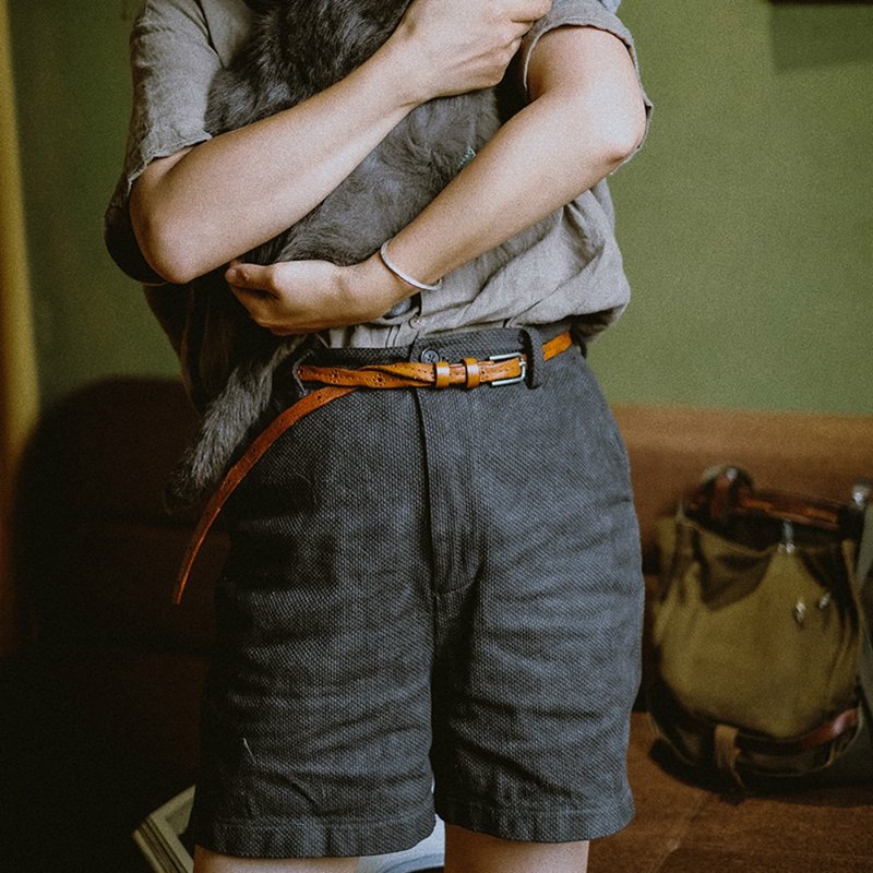 夏末初秋 栗咖色 複古直筒男友風短褲 劍道服棉麻有機棉天然染料 - 女装短裤 - 棉．麻 咖啡色