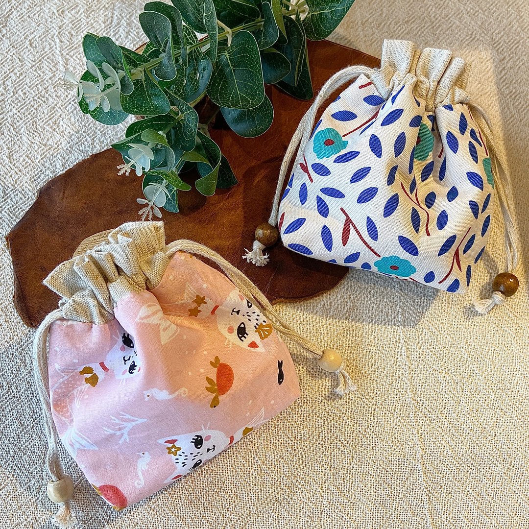 x布作束口袋x 粉红美猫鱼&蓝系花语 - 束口袋双肩包 - 棉 