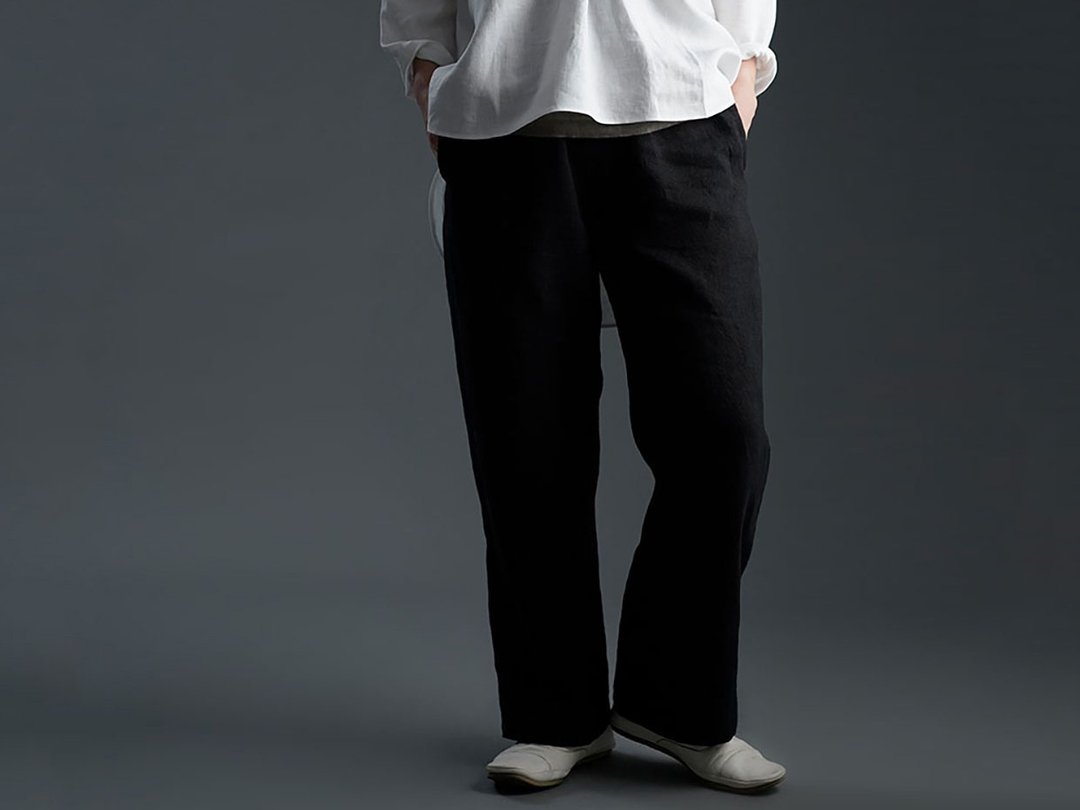 wafu for beginners! Linen Wide-leg Pants / Black b001o-bck2 - 中性裤装 - 棉．麻 黑色