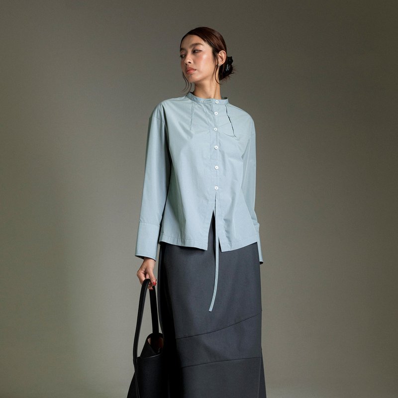 褶饰亨利领修身衬衫 - 女装衬衫 - 其他材质 蓝色