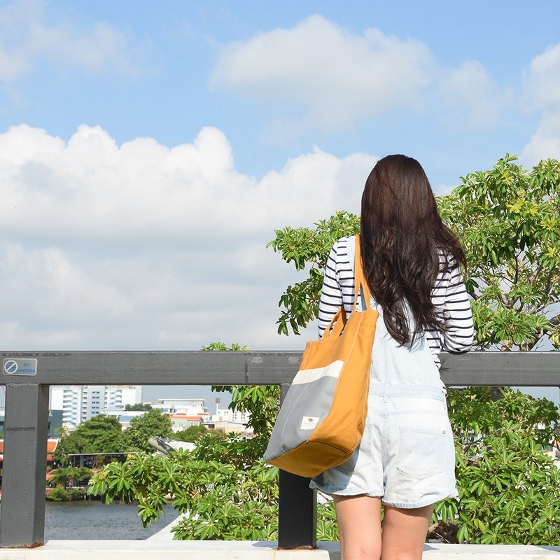 双 口袋 手提包 - 黄色 - 手提包/手提袋 - 棉．麻 黄色